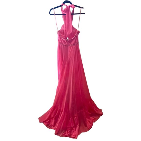 Mac Duggal RARE Hot Pink High-Low Gown Halter Neck Tiered Slit Skirt Size 2 - Picture 7 of 16